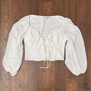 Mable White Cropped Long Sleeve Lace Up Blouse